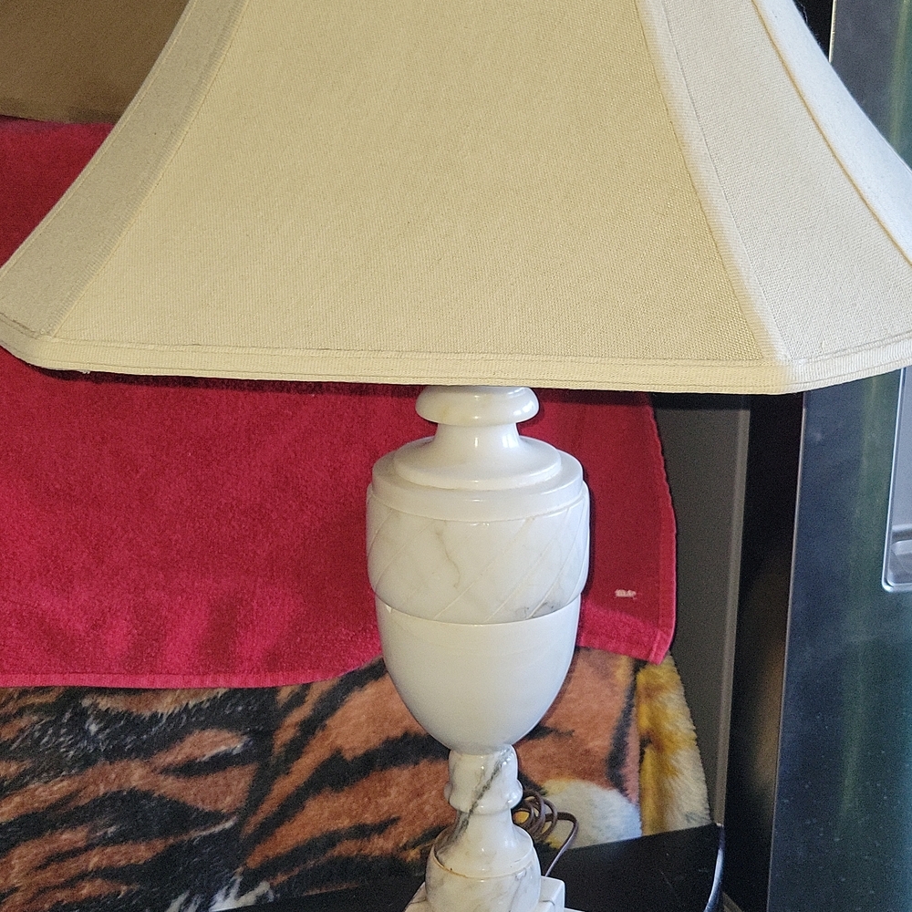 11930’s Solid White Marble Table Lamp with White Silk Shade and Crystal Finial
